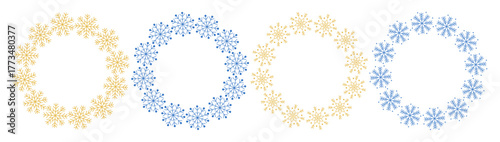 Elegant geometric snowflake wreaths in gold and blue colors. Minimal winter frames for Christmas and New Year greeting cards, invitations, and festive vector decorations.