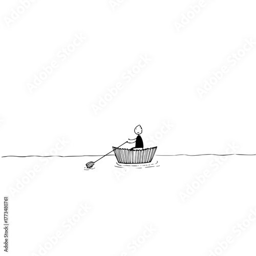 Vector art of a lone figure rows a small boat across a calm sea, a minimalist black and white illustration, evoking solitude and peace