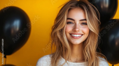 A woman against a yellow background, sale concept