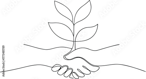 Handshake with growing plant line art growth partnership