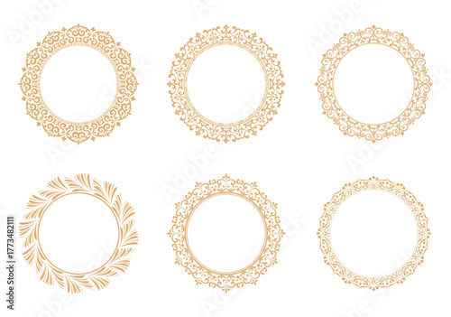 Set of decorative frames Elegant vector element for design in Eastern style, place for text. Floral golden and white borders. Lace illustration for invitations and greeting cards