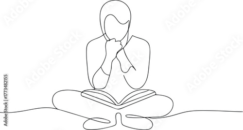 Single line drawing of person meditating with book