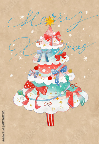 水彩クリスマスツリーカード背景クラフト