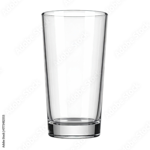 Transparent, empty, tall glass for drinks, set against a solid black background