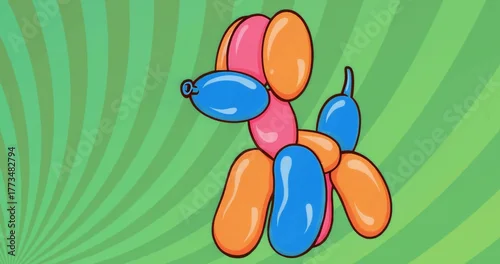 Fototapeta Featuring multicolored balloon dog twisting against vibrant green radial stripe backdrop