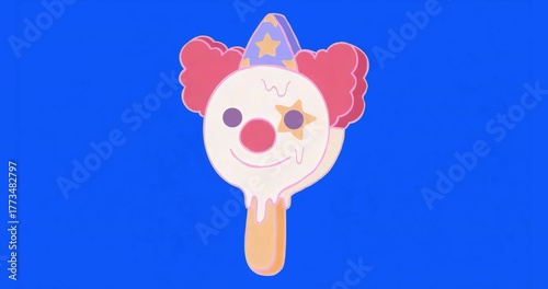 Dripping clown-faced melting ice cream popsicle against blue backdrop, with wooden stick detail