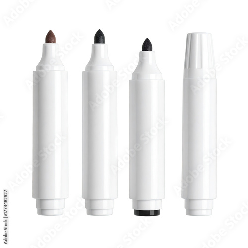 Four white markers with different colored tips, one capped, against a black background