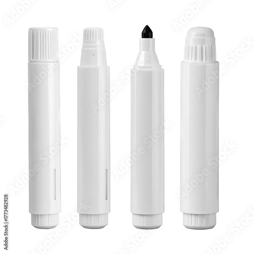 Four white writing implements, one uncapped with a black tip, on a dark backdrop