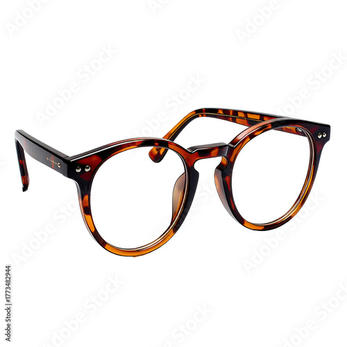 Tortoiseshell-patterned glasses sit against black, with round frames, angled sides