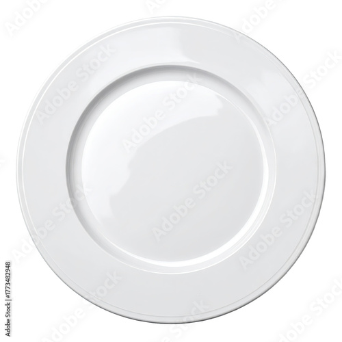 Overhead, plain white ceramic plate with a wide rim, isolated on black background