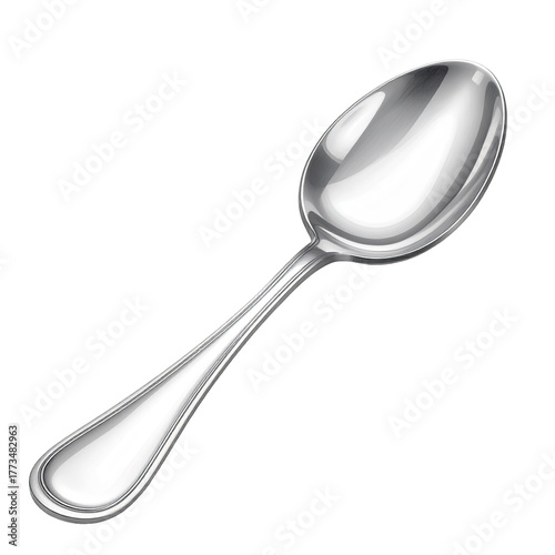 Highly reflective, stylized illustration of a silver utensil with a curved bowl and handle