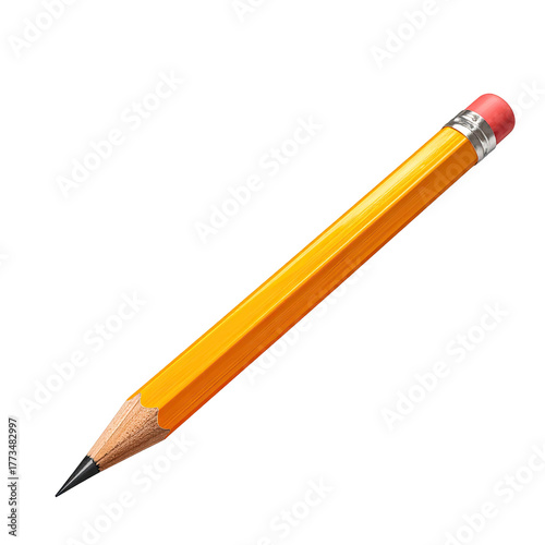 A classic yellow writing tool, with an eraser and sharpened graphite tip, isolated