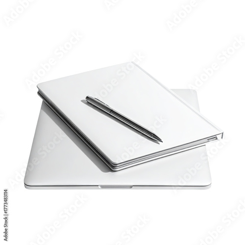 A closed, sleek laptop rests beneath another with a pen on top against a black background