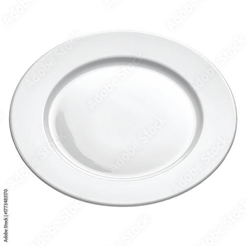 Simple, empty, white ceramic plate with a wide rim, isolated on black background