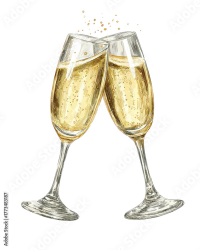 Two champagne glasses clinking, bubbly liquid, celebratory sparks