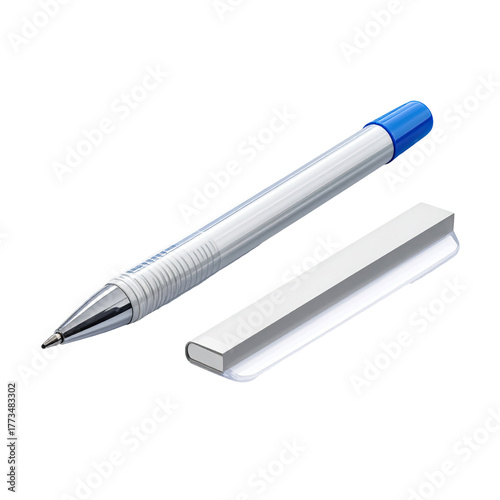 Blue-capped pen lying next to its cap, both against a black background