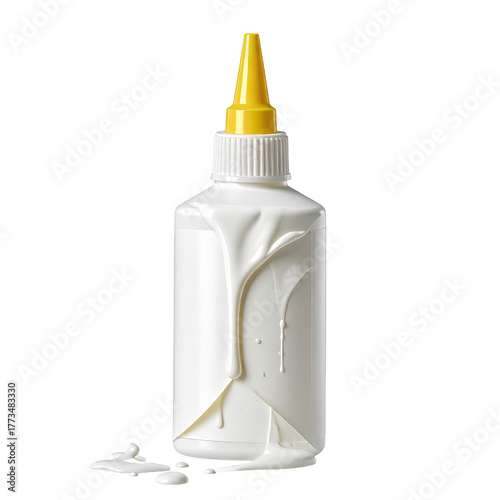 White glue bottle with yellow cap and white drips against a transparent background