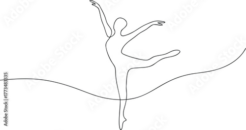Single line drawing of a ballet dancer in motion dancing