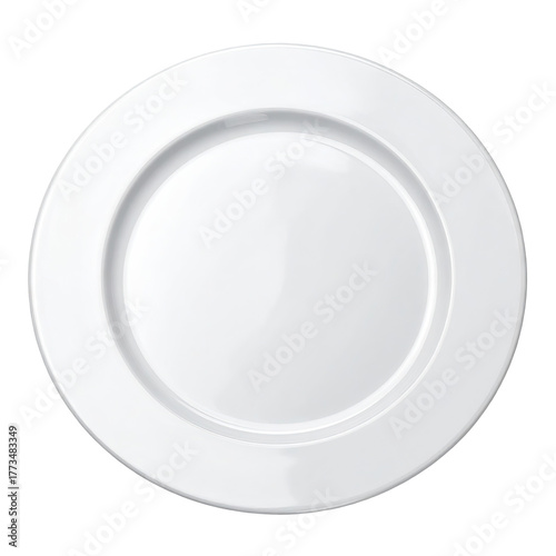 A pristine white, round, ceramic plate with a slight lip, isolated on black