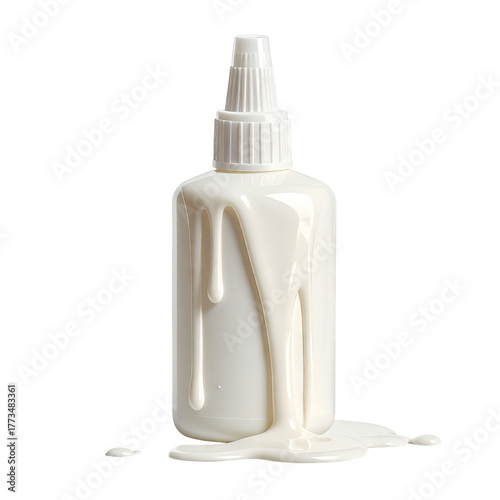 White bottle of viscous substance with drips against a stark black backdrop