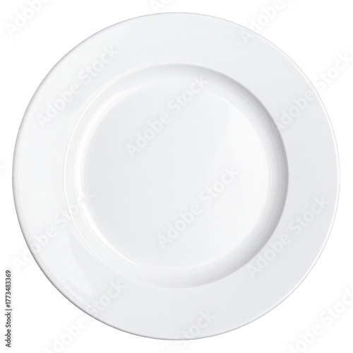 Overhead shot of a pristine, white, circular porcelain plate with a slight rim