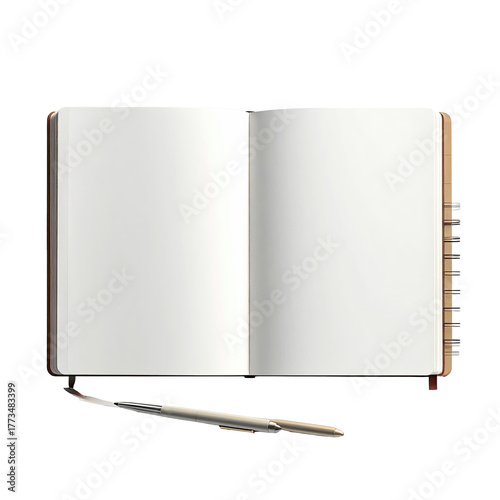 Open, blank journal with a pen laid across the bottom on a black background