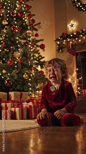young child in festive attire sitting on floor of room adorned with Christmas decorations. child's expression is one of distress or discomfort
