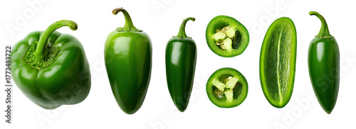 A variety of green peppers, including whole and sliced