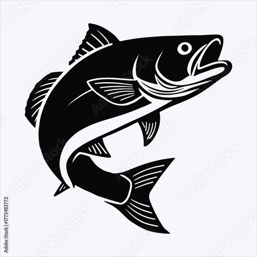Black and white illustration of leaping sport fish logo.