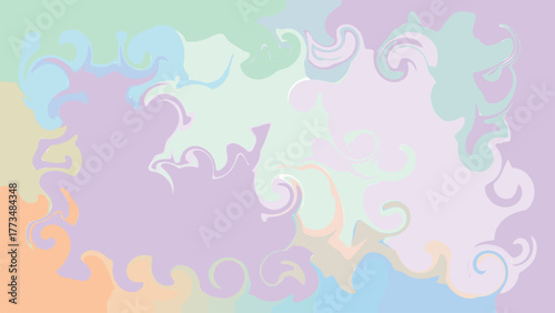 Abstract, colorful background with swirling pastel shapes , lavender, mint, blue, peach. Serves a decorative or aesthetic function.