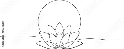 Black line art lotus flower and circle on white background