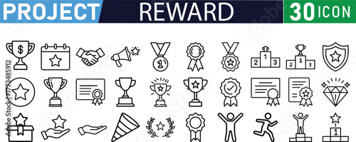 Project reward icon set, achievement and success isolated on white background