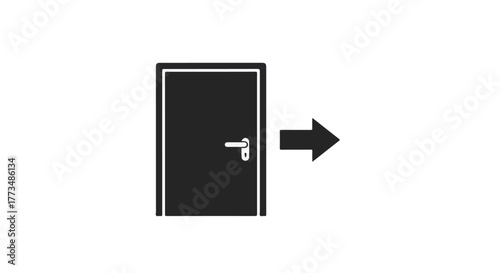 Black door with a silver handle opens to a bright white space with an arrow indicating forward movement.