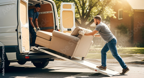 Two men unloading sofa from delivery van in residential area  