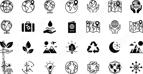 Collection of black and white icons representing global environmental conservation and sustainability themes