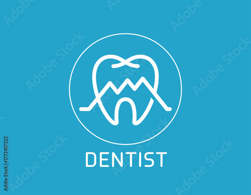 This image presents a clean dental logo incorporating a tooth silhouette with mountains, epitomizing health, care, and nature in a vibrant blue background.