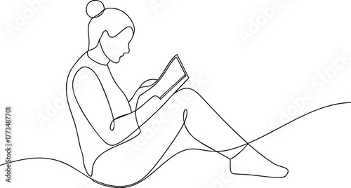 Woman reading book in continuous line art style magazine