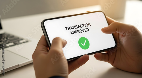 Person holding a smartphone showing transaction approved message with a green checkmark on the screen next to a laptop.