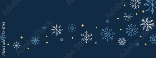Abstract blue and white snowflakes border on dark background with golden stars. Elegant winter design for Christmas and New Year greeting cards, festive banners, wrapping paper, and luxury decoration.