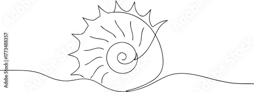 Single line drawing of a nautilus shell on wavy lines