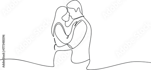 Couple embracing in continuous line art love embrace