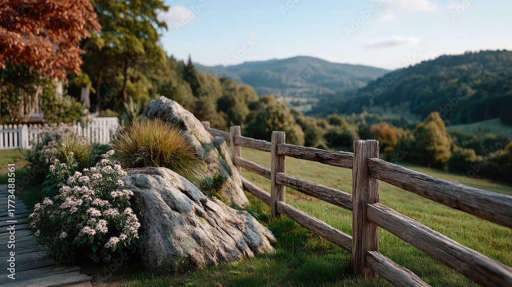 Fototapeta premium Peaceful wooden fence in a sunlit meadow with rolling green hills and trees in the background on a clear day