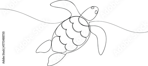 Single line drawing of a sea turtle swimming marine life
