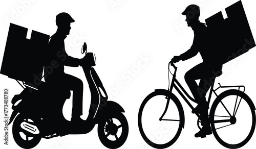 Delivery men silhouettes on scooter and bicycle transporting large boxes, fast and efficient courier service, urban logistics and transportation workers