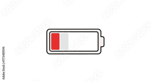 Low battery indicator on a white background, symbolizing depletion and need for recharge.