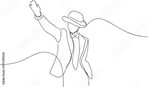 Single line drawing of a man in a suit and hat raising his hand