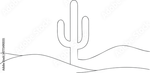 Minimalist Line Art Saguaro Cactus in Desert Landscape