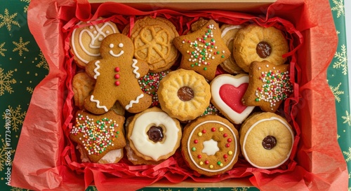 A festive assortment of christmas cookies arranged in a red box, perfect for holiday gifting and sharing with loved ones during the season