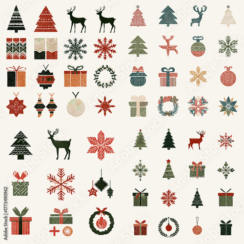 Festive watercolor illustration of Christmas trees, gifts, stars, reindeer, and wreaths. Perfect for holiday cards, seasonal design, packaging, or winter celebration decorations.