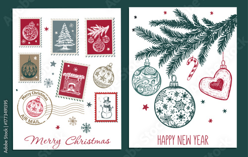 Christmas Stamps, tree, toy, set, Hand drawn illustration	
